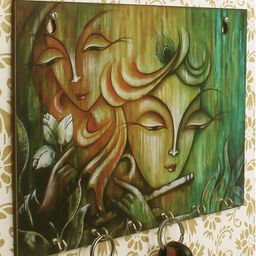 eCraftIndia Green & Yellow Radhe Krishna Theme Wooden Key Holder with 6 Hooks-79