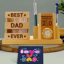 TIED RIBBONS Blue & Brown Fathers Day Gift Wooden Pen Stand Holder with Card-image-4