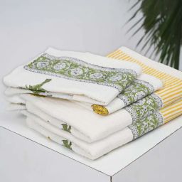 peepul tree Hand Block Printed 100% Pure Cotton Floral Yellow 240 GSM Super Absorbent 2 Hand & 2 Bath Towel Set-picture-37