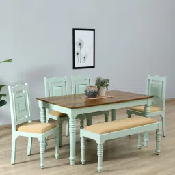 mudramark from pepperfry Joaquin Mango Wood 6 Seater Dining Set In Canary Green Finish With Bench-picture-29