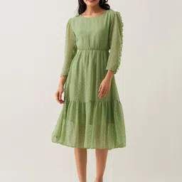AASK Self Design Puff Sleeves Tiered Crepe Fit and Flare Midi Dress-image-82