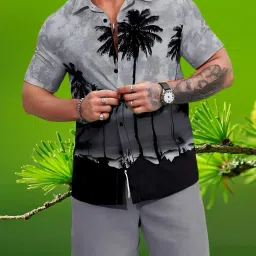 Men Top & Shorts Set Grey, Black Geometric Print-image-3