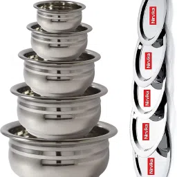 Pack of 10 Stainless Steel Cookware set urli /biryani handi/tope/serveware/storeware steel handi set of 5 Piece 2.1 L, 1.6 L, 1.1 L, 0.8 L, 0.5 L (Gas and Induction compatible Stainless Steel, Non-stick) Cookware Set (Stainless Steel, 5 - Piece) Cookware Set (Stainless Steel, 5 - Piece) Dish Serving Set (Pack of 5)Steel Urli 5 Piece With Lid Dinner Set-picture-7