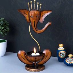 golden peacock Ganesha Brown Metal Table Tea Light Holder-picture-22