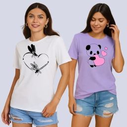 Pack of 2 Women Printed Round Neck Polyester White T-Shirt-image-99