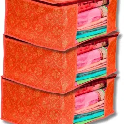 Viskri Set of 3 Non Woven Saree/Clothes Cover Bag (Orange) Polyester Laundry Bag-17
