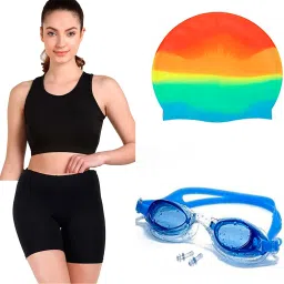 Sports wear swim wear swimming costume with cap googles Solid Women Swim-dress Black Swimsuit-image-6