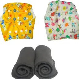 Printed Reusable Washable Baby 2 Cloth Diaper with 2 Charcoal Bamboo Insert (Sky Blue and Yellow) For 0-36 Months Baby - S - M (4 Pieces)-0
