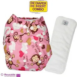 little monkeys Baby Printed Cloth Pocket Diaper Cover , Reusable Washable Adjustable Snap Buttons Waterproof Nappies for Newborn Infants with Wet-Free Insert Fleece Liner Pad-(0-24 Months)(Combo of 1 Cloth Diaper+1 Cotton Microfiber Insert)-picture-0