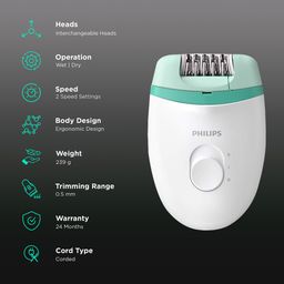 PHILIPS Satinelle Essential Corded Wet & Dry Epilator for Arms, Legs & Intimate Areas with 2 Interchangeable Heads (Efficient Epilation System, White & Green) image 2