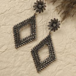 Women's Intricate Daisy Rhombus Drop Earrings - Dark Silver Alloy Drops & Danglers-image-3