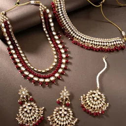 Peora Maroon & White Gold-Plated Kundan Embellished Jewellery Set-19