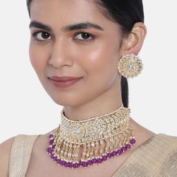 I Jewels Gold Plated Kundan & Pearls Studded Choker Jewellery Set-31