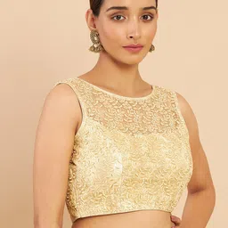 Soch Women Gold-Colored Leaf Embroidered Saree Blouse-image-49