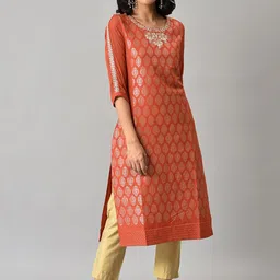 W Women Orange Ethnic Motifs Woven Design With Zari Work Kurta-image-29