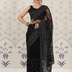 Ode by House of Pataudi Floral Embroidered Net Saree-15