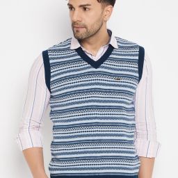 Men Woven V Neck Reversible Blue, White Sweater-image-103