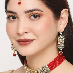 OOMPH Red & White Kundan-Studded & Beaded Ethnic Choker Jewellery Set-3