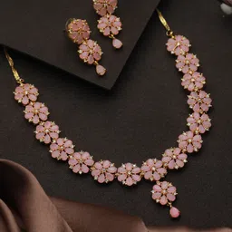 Priyaasi Gold-Plated Pink AD-Studded Floral Jewellery Set-image-8