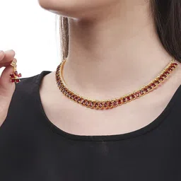 Jewar Mandi Gold-Toned & Maroon CZ-Studded Jewellery Set-20