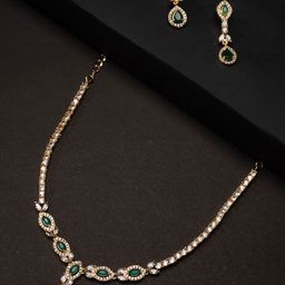 justpeachy Gold-Plated Green & Gold Toned American Diamond-Studded Jewellery Set-image-14