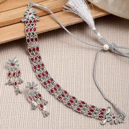 Kennice Silver Plated Kundan Studded Jewellery Set-image-5