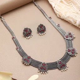Jazz and Sizzle Oxidised Stone Studded & Pearl Beaded Jewellery Set-image-8