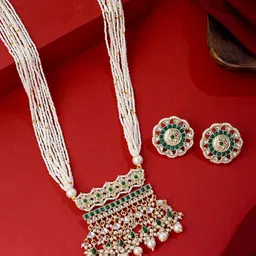 Yellow Chimes Gold-Plated Kundan-Studded & moti Beaded Long Jewellery Set-picture-23