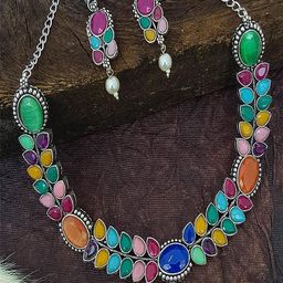 GRIIHAM German Silver Plated Stones Studded & Beaded Oxidised Jewellery Set-image-11