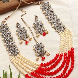 Kennice Gold-Plated Stones-Studded & Beaded Jewellery Set With Maang Tika-image-70