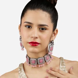 Zaveri Pearls Silver-Plated Stone Studded Jewellery Set-image-47