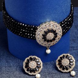 ZENEME Gold Plated & Black Artificial Stone & Bedded Necklace Jewellery Set-57
