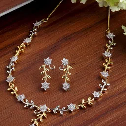 ZENEME Gold-Plated Silver-Toned & White AD-Studded Leaf & Flower Shaped Handcrafted Jewellery Set-7