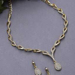 ZENEME Gold-Plated Cubic Zirconia Studded Teardrop Shaped Jewellery Set-11