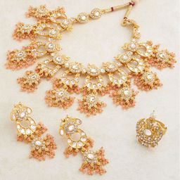 Zaveri Pearls Gold-Plated & White Stone-Studded Peach JewellerySet-image-58