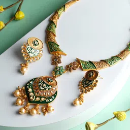 Priyaasi Gold-Plated Green & White Kundan-Studded & Pearl Beaded Meenakari Jewellery Set-3