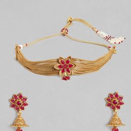Kord Store Maroon Gold-Plated Stone-Studded Floral Jewellery Set-image-56