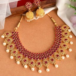 Silvermerc Designs Gold-Plated Red CZ-Studded & Beaded Jewellery Set-image-67