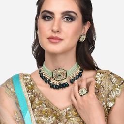 Zaveri Pearls Gold-Plated & White Stone-Studded Green JewellerySet-image-97