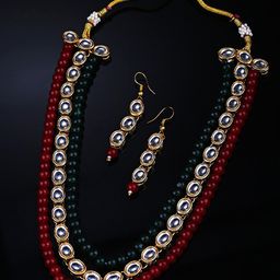 Shining Diva Gold-Plated White & Red Kundan-Studded & Beaded Layered  Jewellery Set-image-43