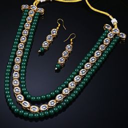 Shining Diva Gold-Plated White & Green Kundan-Studded & Beaded Jewellery Set-19