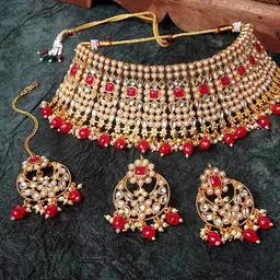 Shining Diva Gold-Plated & Red & White Kundan Stone Studded & Red Beaded Jewellery Set-picture-26