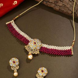 Yellow Chimes Gold-Plated Kundan-Studded & Beaded Choker Jewellery Set-image-96