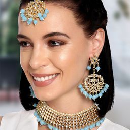 Peora Gold-Plated & Blue Kundan & Beads Studded Choker Jewellery Set-image-52