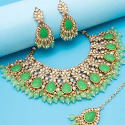 aadita Gold-Plated White & Green Stone-Studded & Pearl Beaded Temple Jewellery Set-image-53