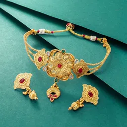 aadita Gold Plated & Green Studded Jewellery Set-40