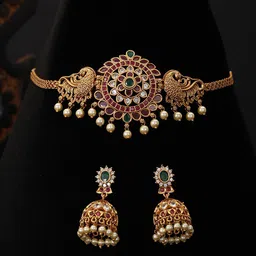 Saraf RS Jewellery Gold-Plated Cubic Zirconia Studded & Beaded Jewellery Set-20