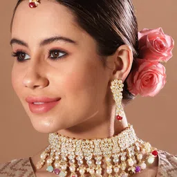 Rubans 24K Gold Plated Kundan Stone Studded Multicolor Pearl & Beaded Choker Jewellery Set-picture-8