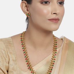 I Jewels Gold-Plated Red & Green Antique Stone Studded Jewellery Set-image-11