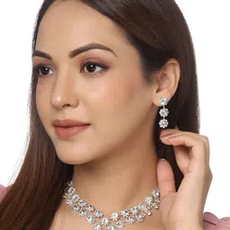 Yellow Chimes Silver Plated Floral Crystal Studded Designed Jewellery Set-41